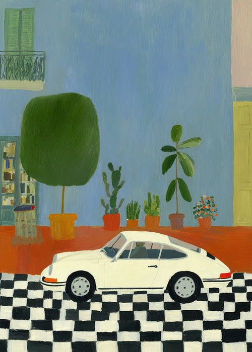Ilustração carro clássico com plantas de interior