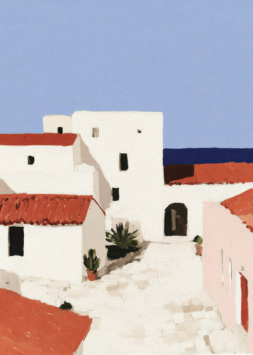 Quadro de paisagem mediterrânea com telhados vermelhos