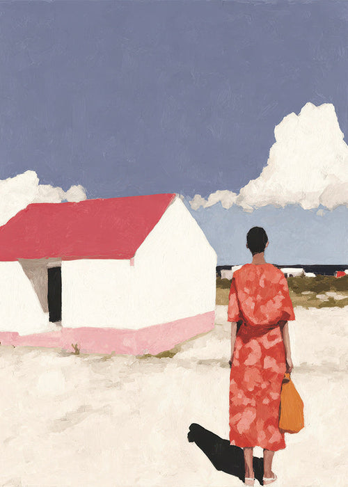 Arte de paisagem com figura e casa vermelha