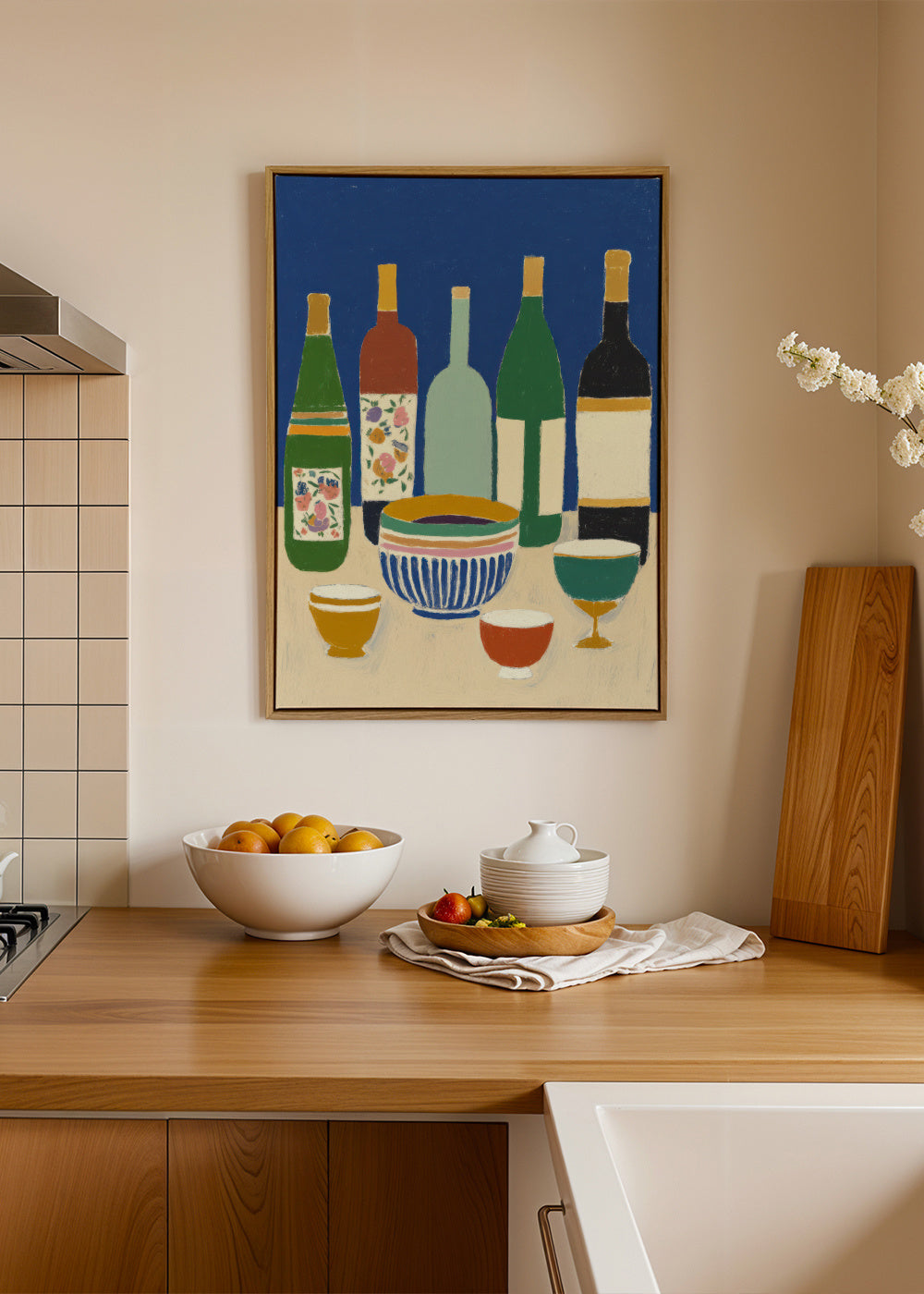 Blue Bottles Still Life - Framed canvas in an interior