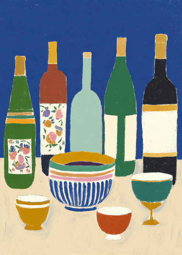 Arte para cozinha com garrafas e tigelas