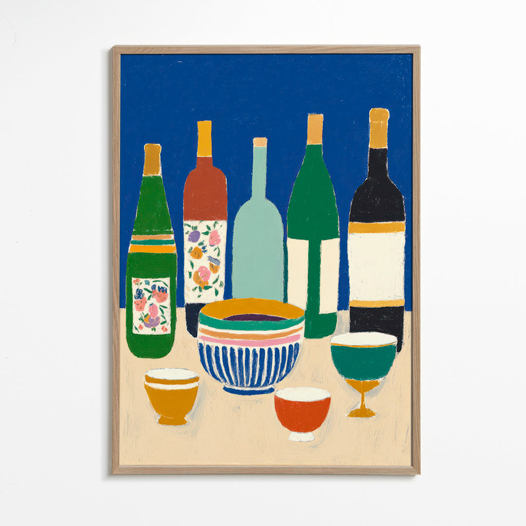 Arte para cozinha com garrafas e tigelas – Oak Frame