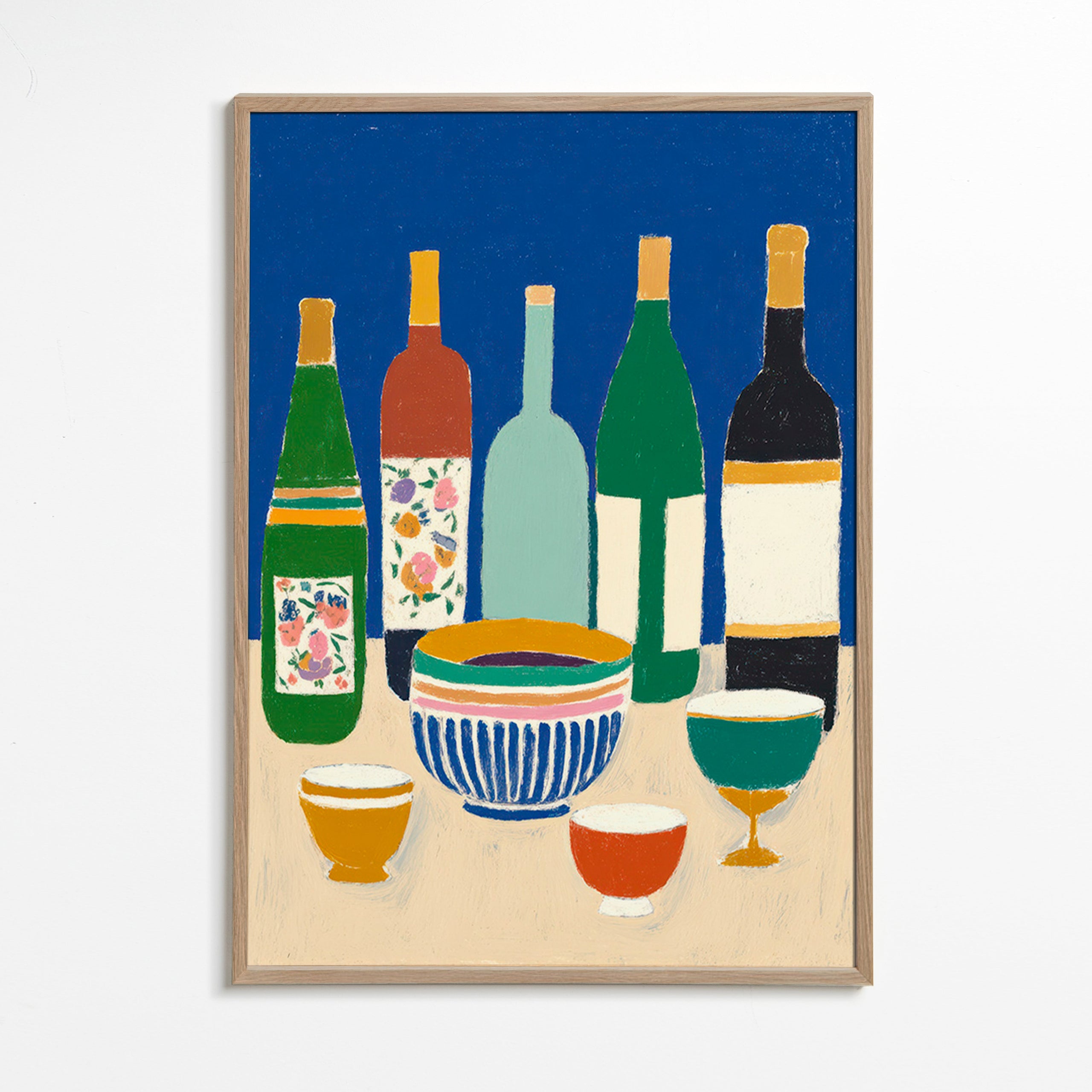 Arte para cozinha com garrafas e tigelas – Oak Frame