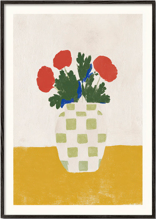 Estampa botânica: jarro xadrez com papoilas – Black Frame