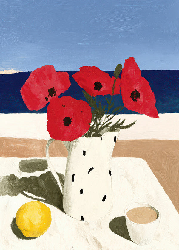 Estampa botânica papoilas à beira-mar