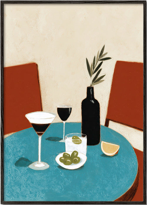 Arte para cozinha com aperitivo na mesa azul – Black Frame