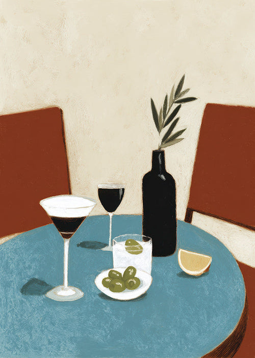 Arte para cozinha com aperitivo na mesa azul