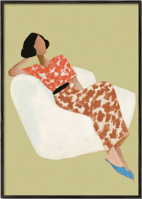 Ilustração de figura reclinada em poltrona branca – Black Frame