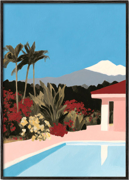 Estampa botânica à beira da piscina com palmeiras – Black Frame