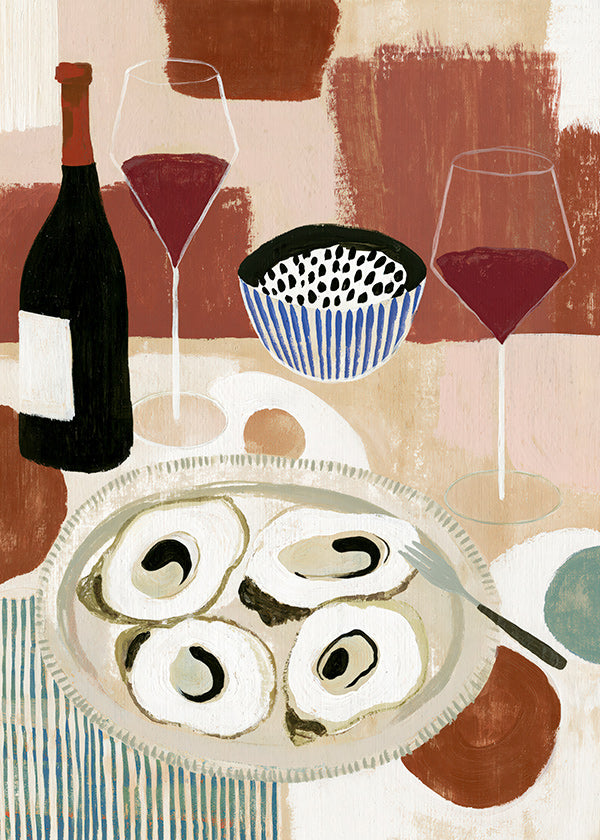 Arte para cozinha: ostras e vinho em bodegón