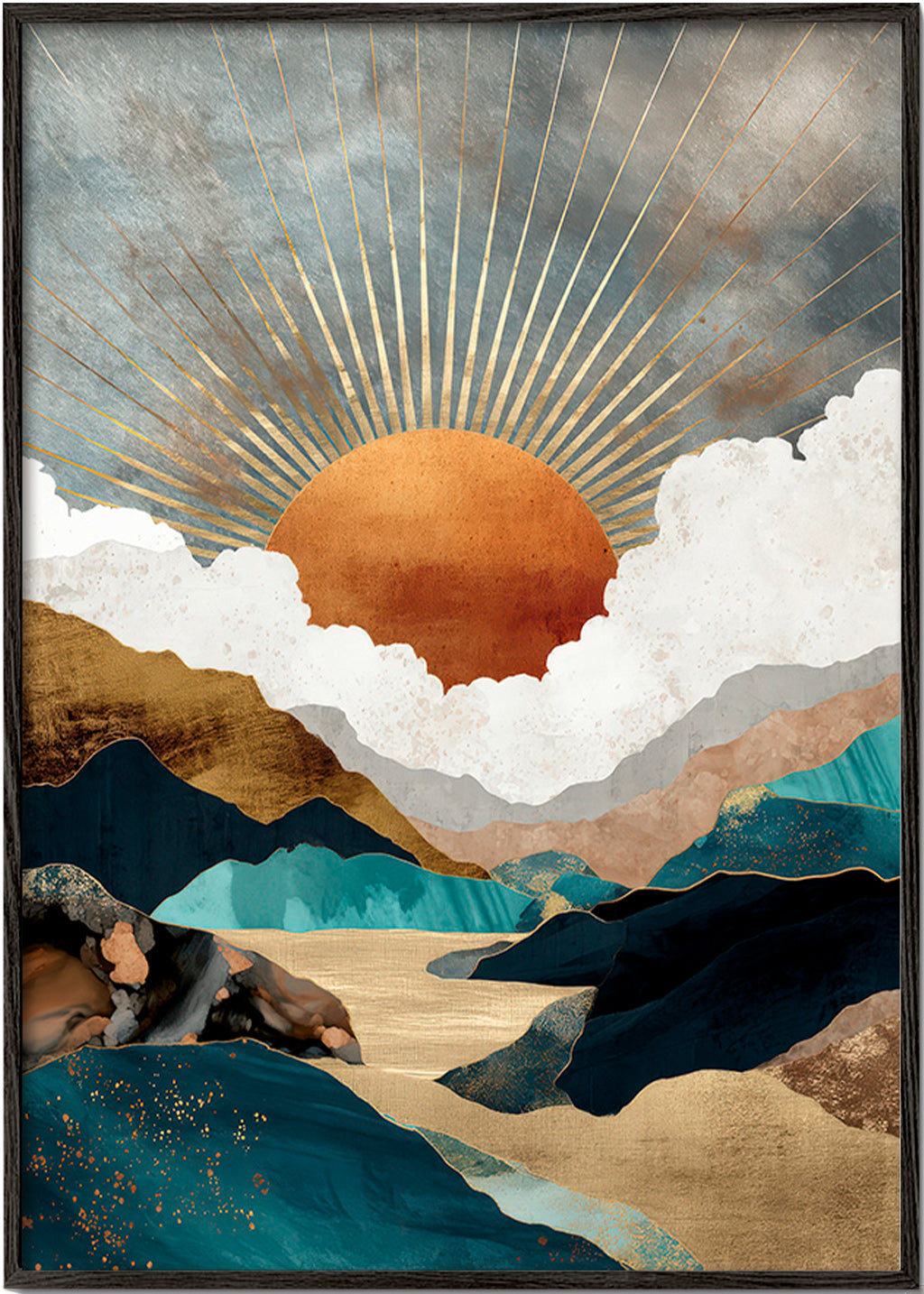 Paisagem: sol dourado e montanhas abstratas