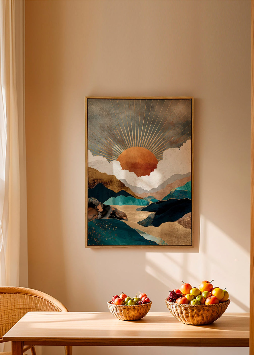 Paisagem: sol dourado e montanhas abstratas