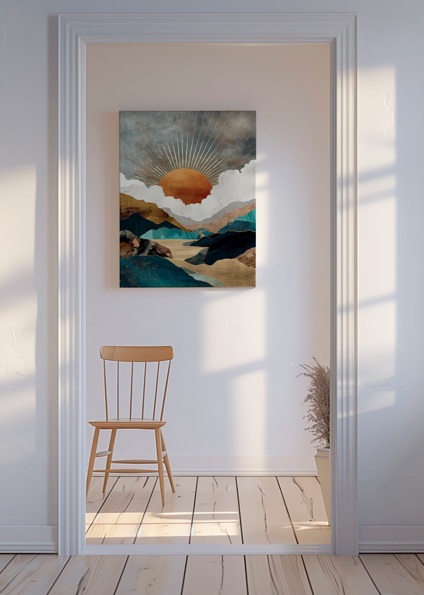 Paisagem: sol dourado e montanhas abstratas