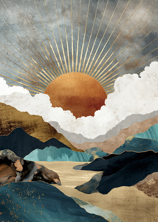 Paisagem: sol dourado e montanhas abstratas