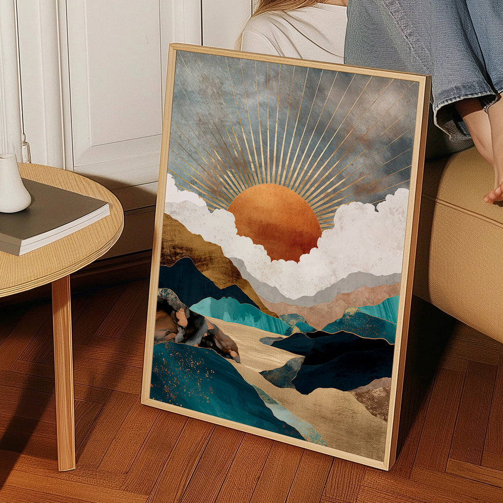Paisagem: sol dourado e montanhas abstratas