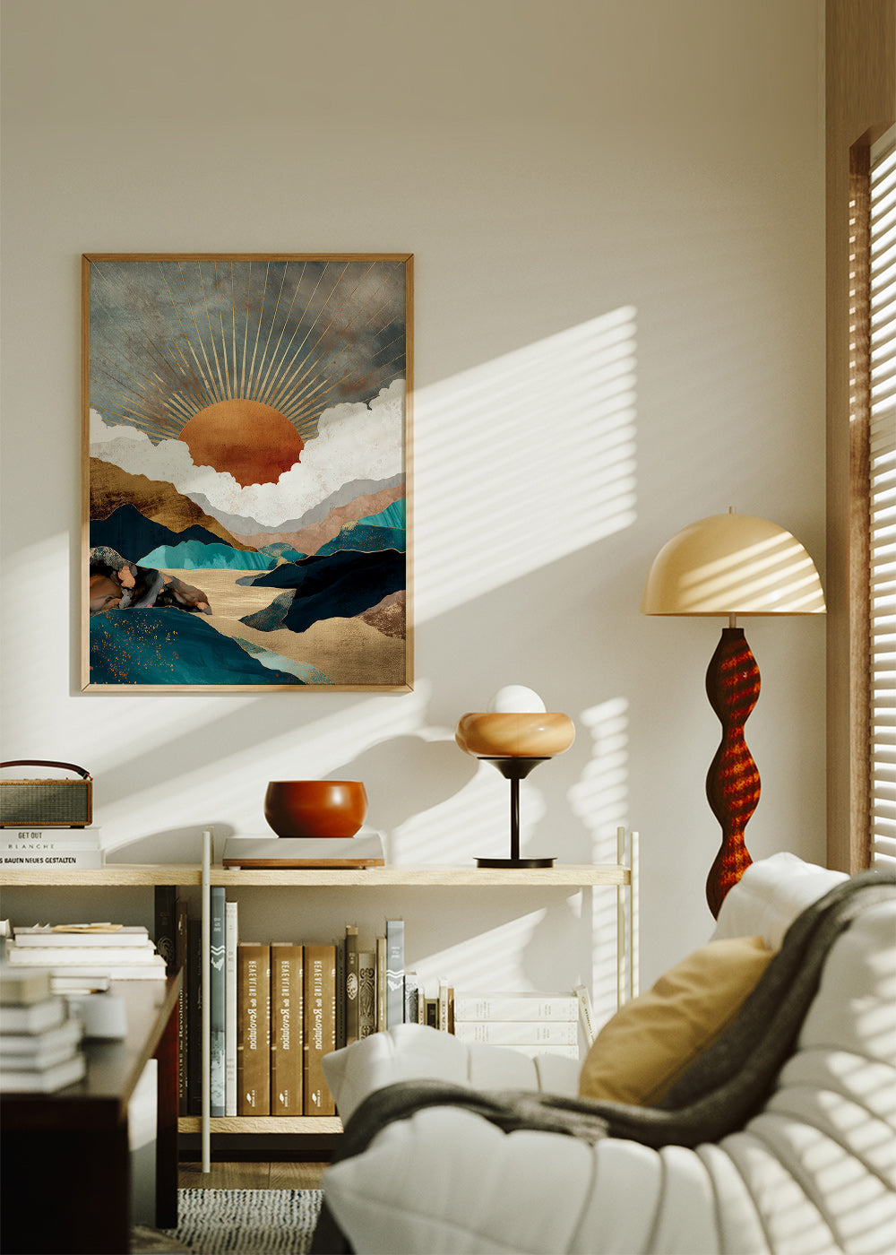 Paisagem: sol dourado e montanhas abstratas