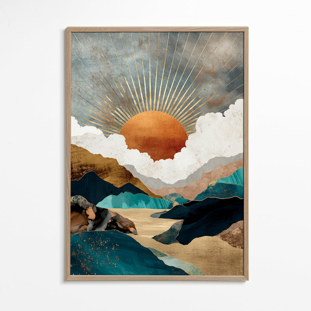 Paisagem: sol dourado e montanhas abstratas
