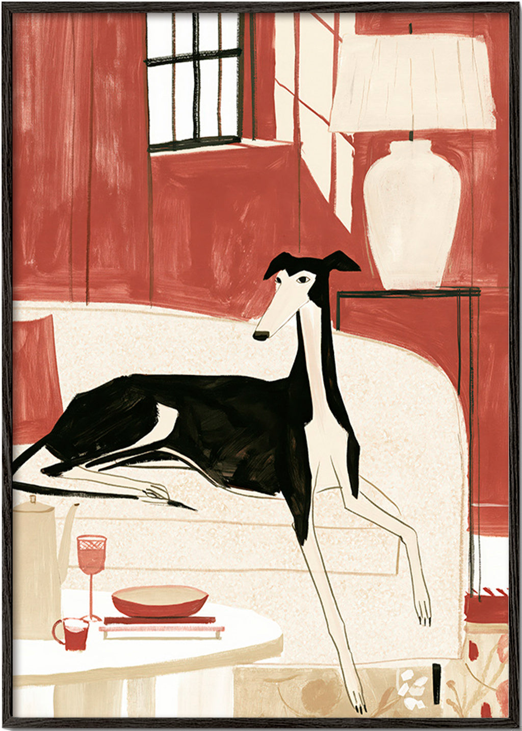Galgo ilustrado no sofá