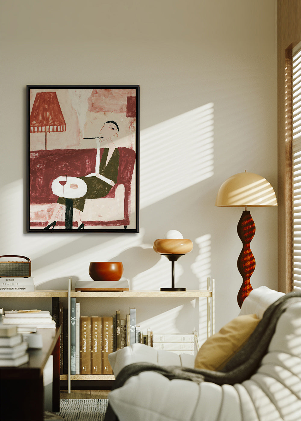 Arte para cozinha com figura sentada e taça
