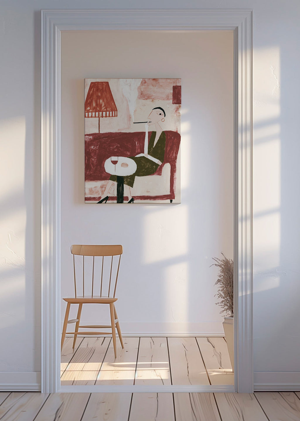 Arte para cozinha com figura sentada e taça