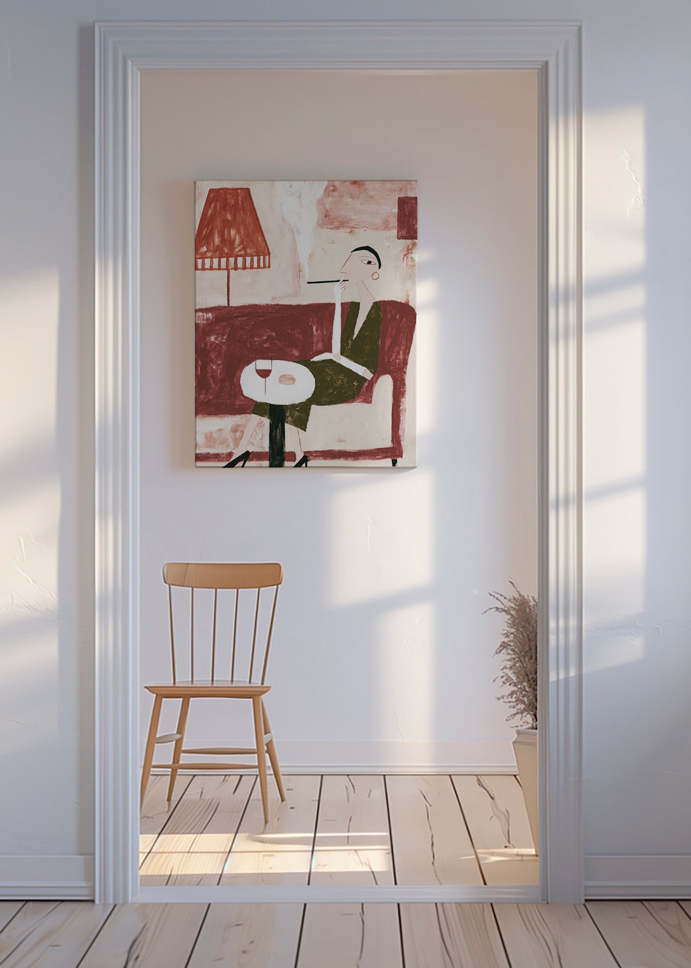Arte para cozinha com figura sentada e taça