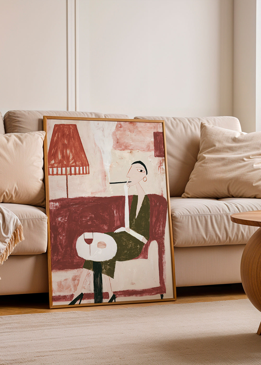Arte para cozinha com figura sentada e taça