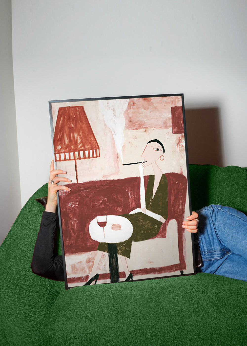 Arte para cozinha com figura sentada e taça