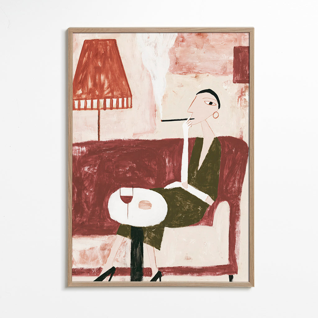 Arte para cozinha com figura sentada e taça