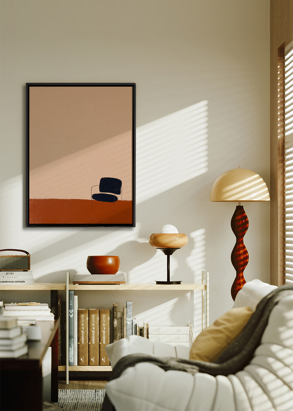 Quadro minimalista com cadeira e chão ocre
