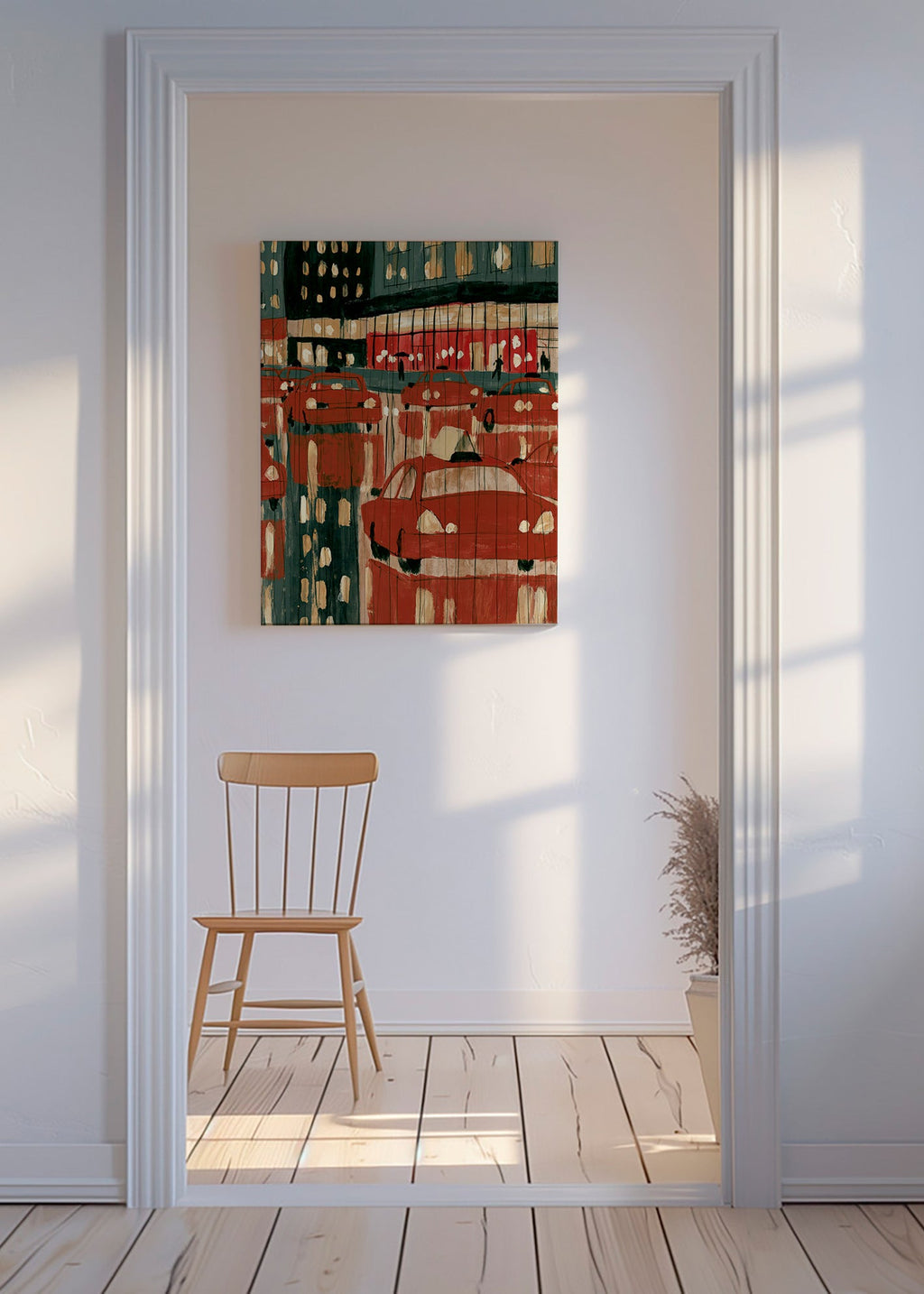 Quadro de cidade com táxis vermelhos e reflexos noturnos
