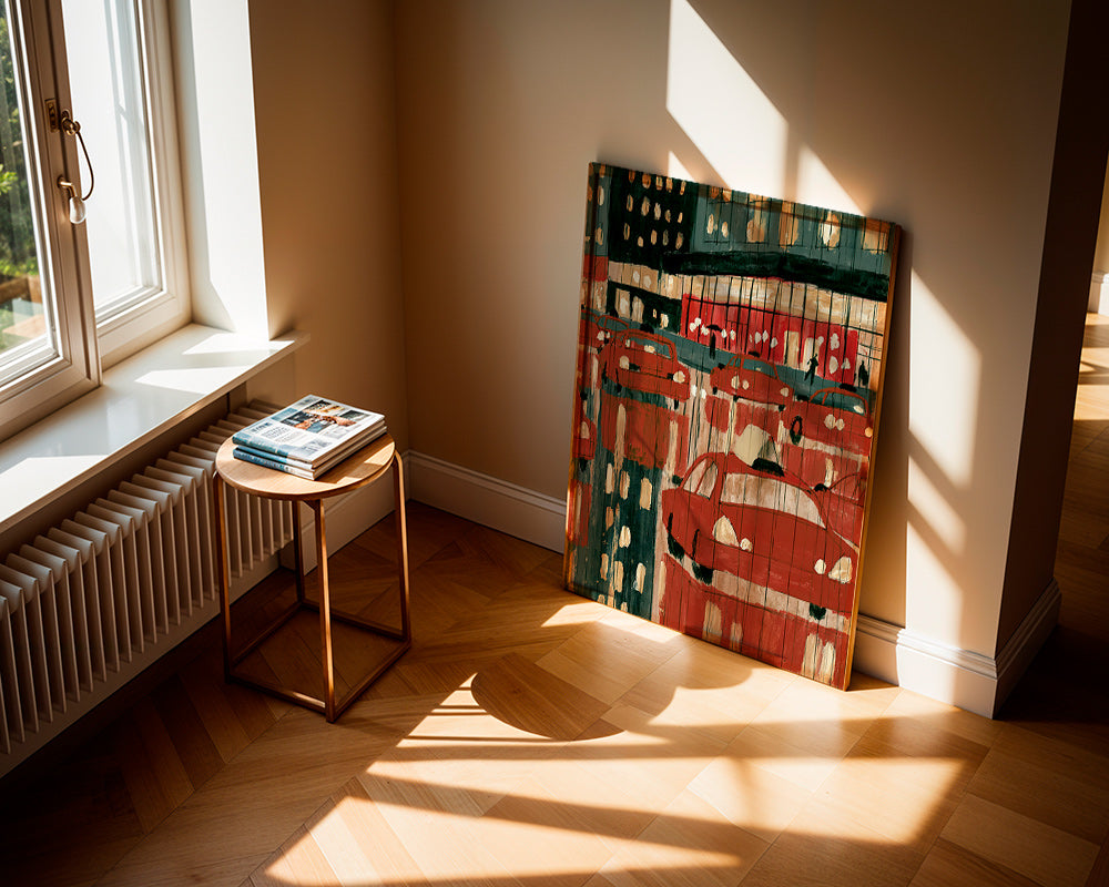 Quadro de cidade com táxis vermelhos e reflexos noturnos
