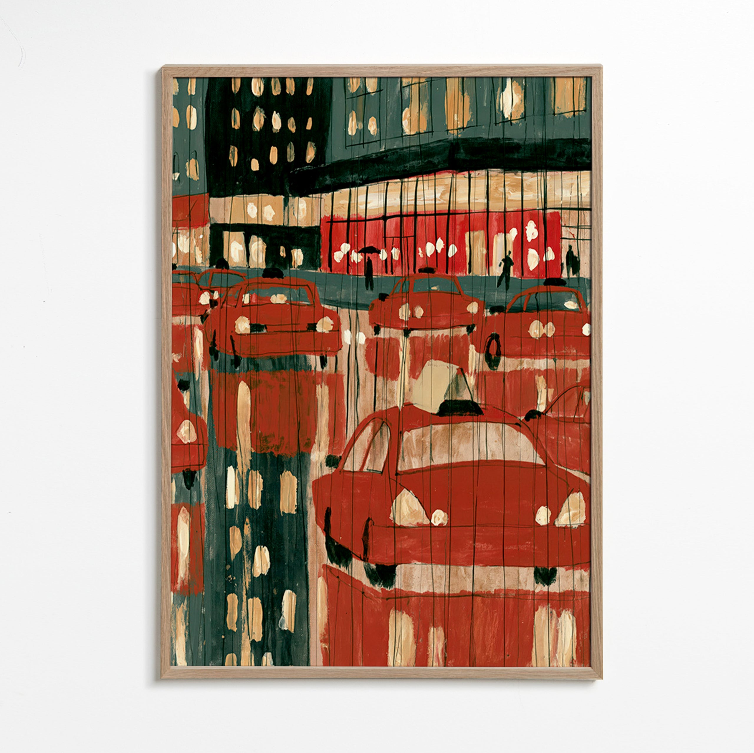 Quadro de cidade com táxis vermelhos e reflexos noturnos