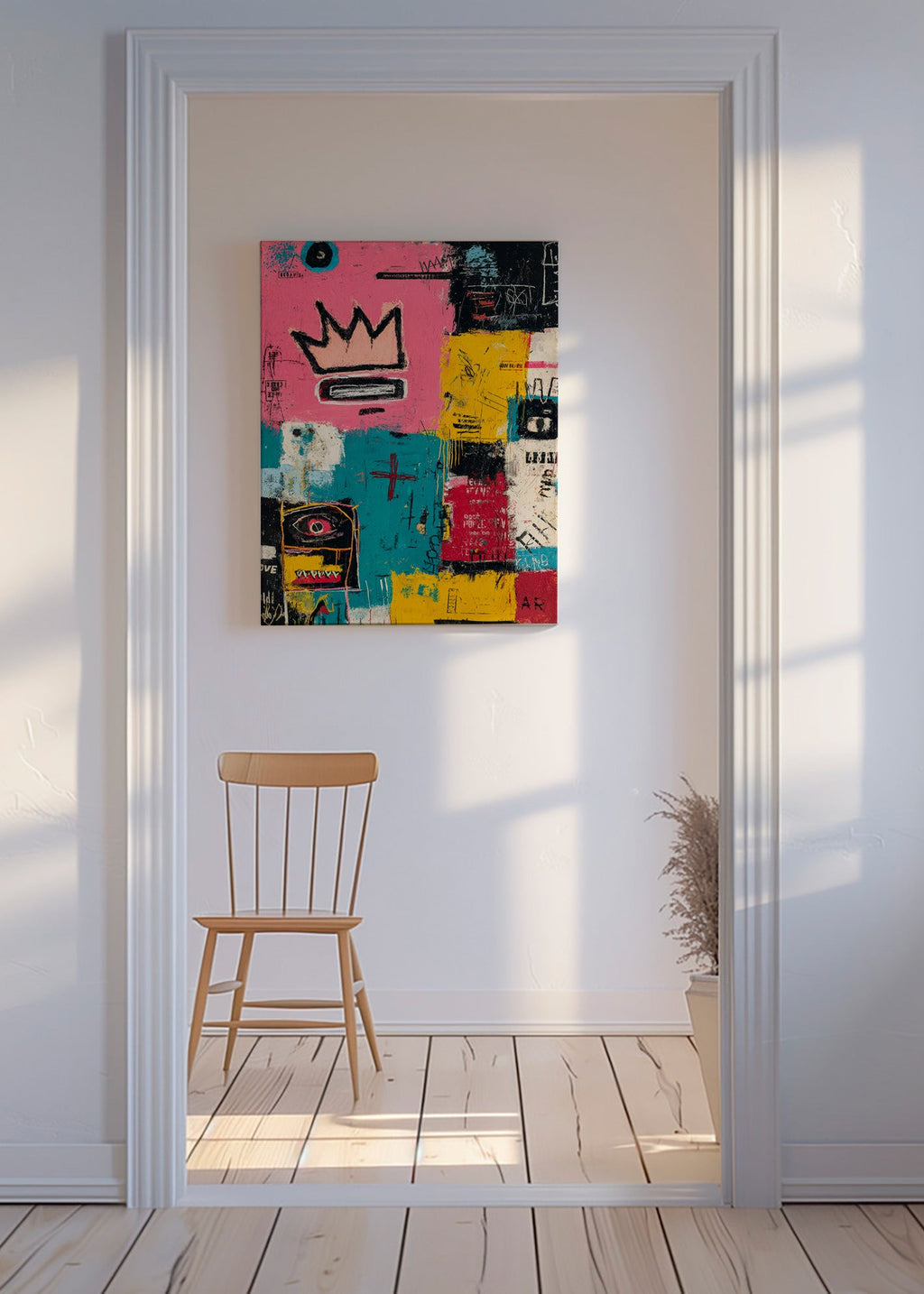 Quadro abstrato com coroa e blocos de cor