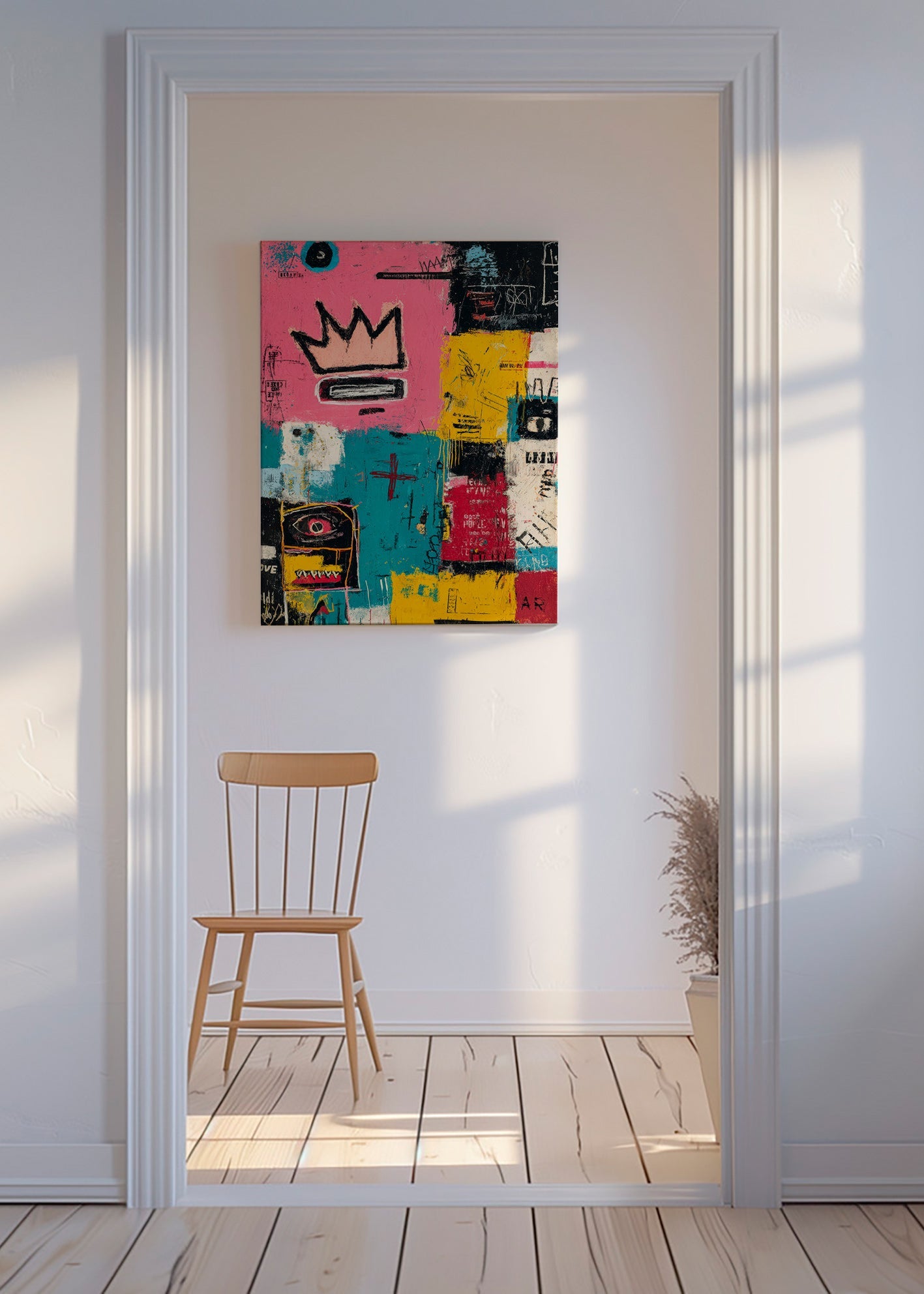 Quadro abstrato com coroa e blocos de cor