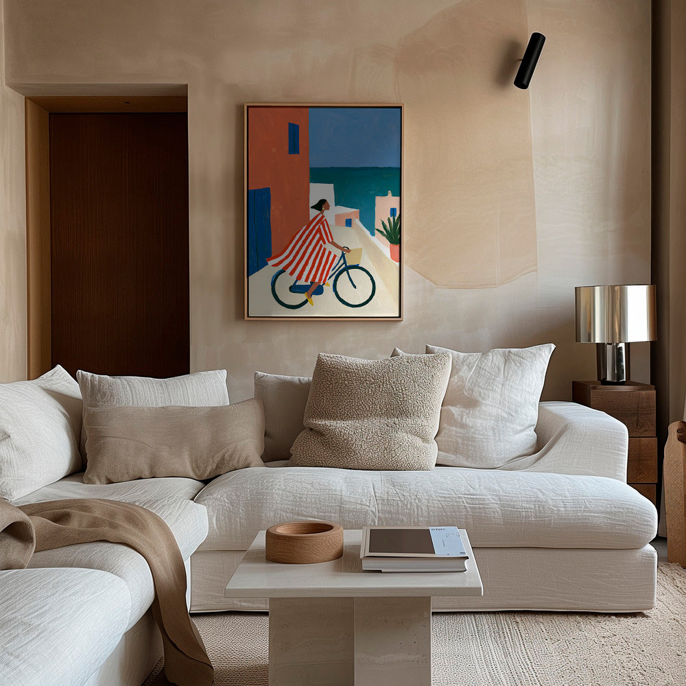 Arte de paisagem com ciclista ao lado do mar