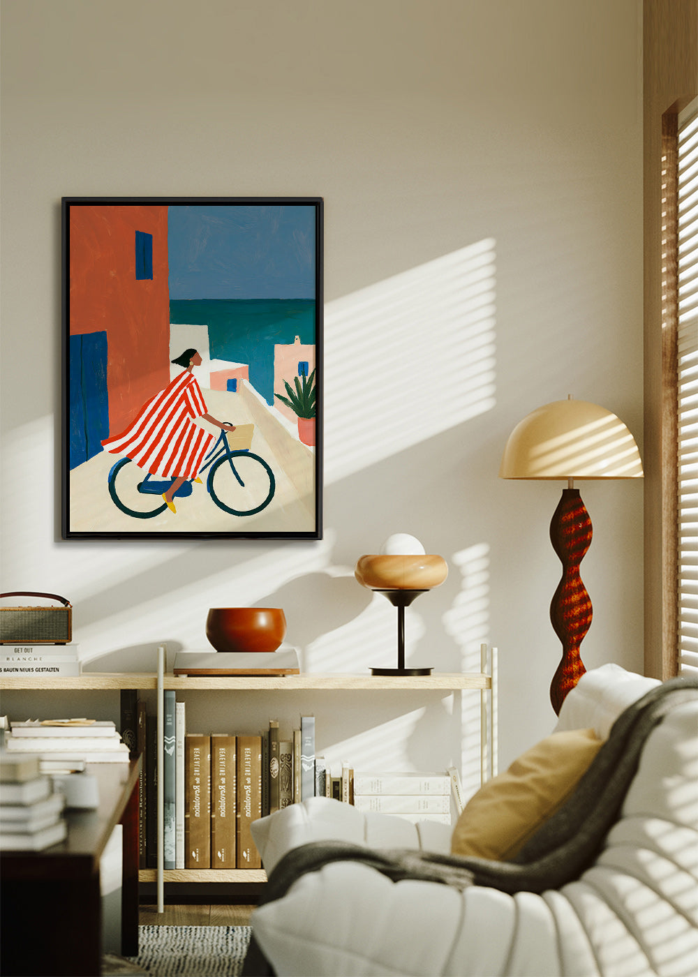 Arte de paisagem com ciclista ao lado do mar