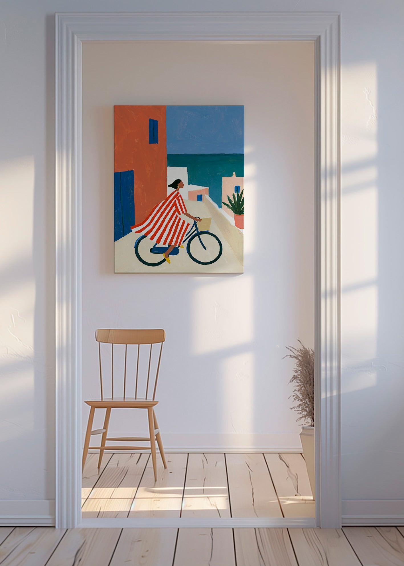 Arte de paisagem com ciclista ao lado do mar