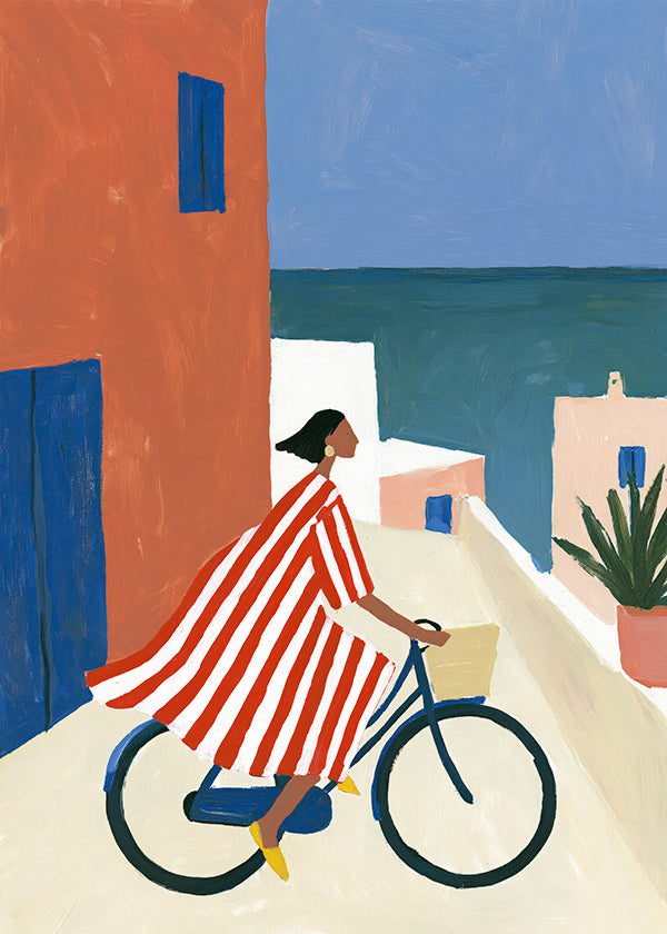 Arte de paisagem com ciclista ao lado do mar