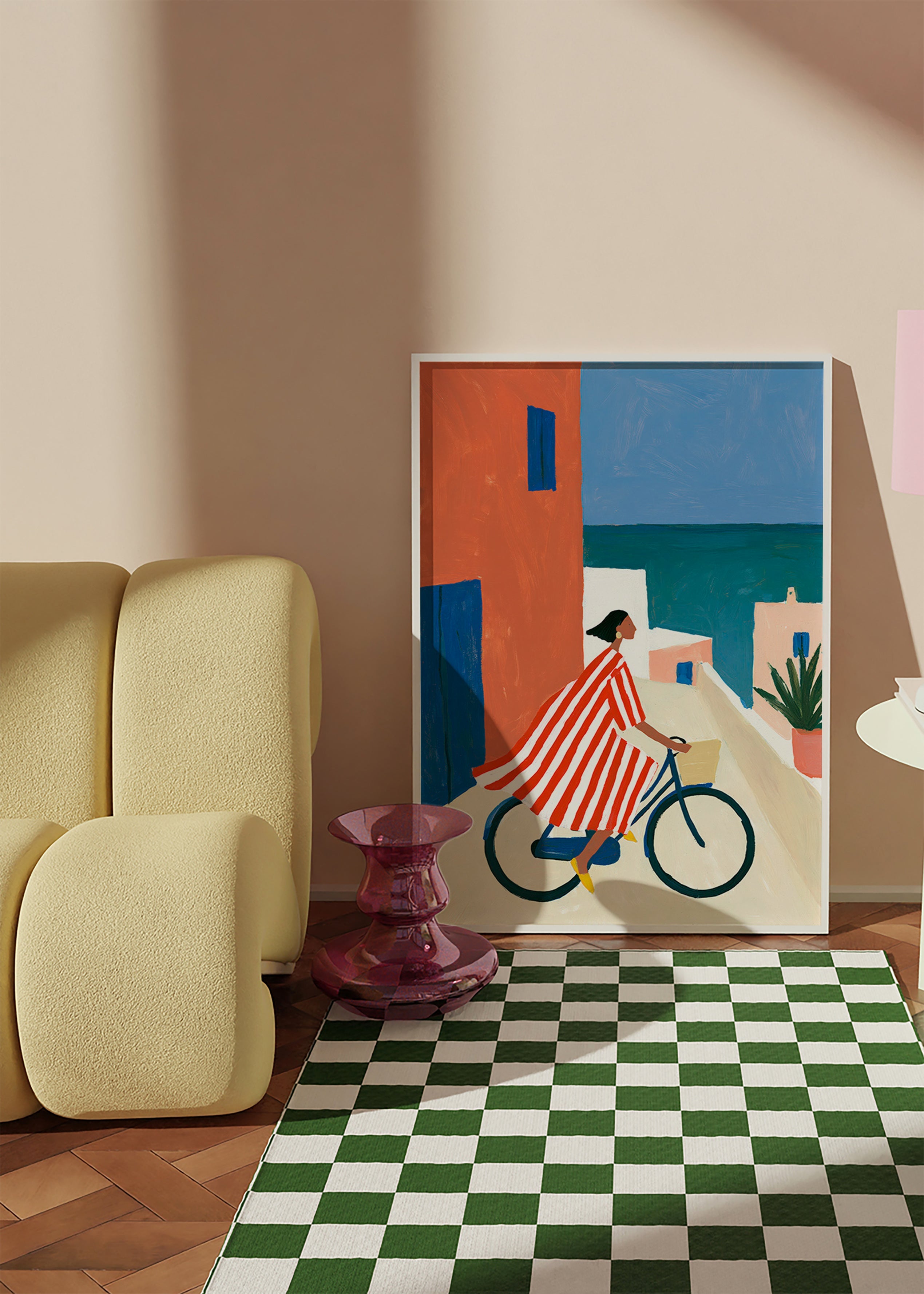Arte de paisagem com ciclista ao lado do mar