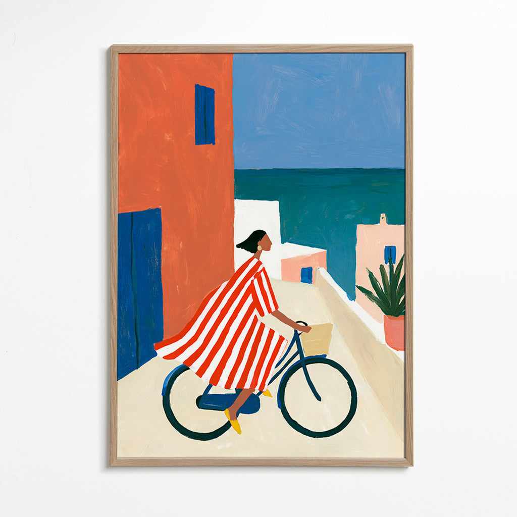 Arte de paisagem com ciclista ao lado do mar