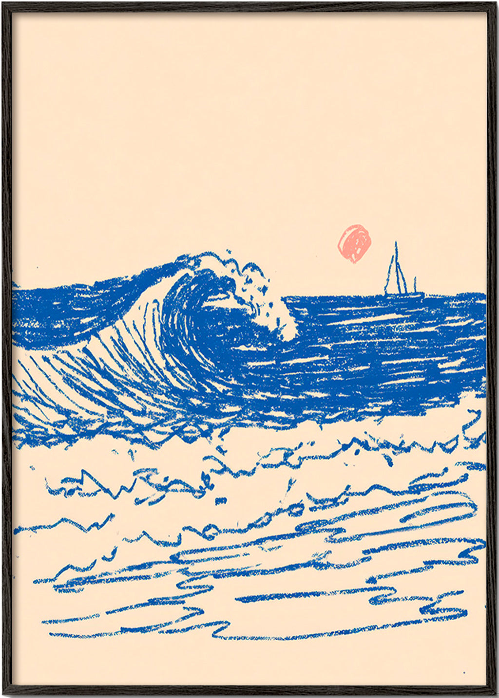 Arte para paisagem com onda esboçada e veleiro