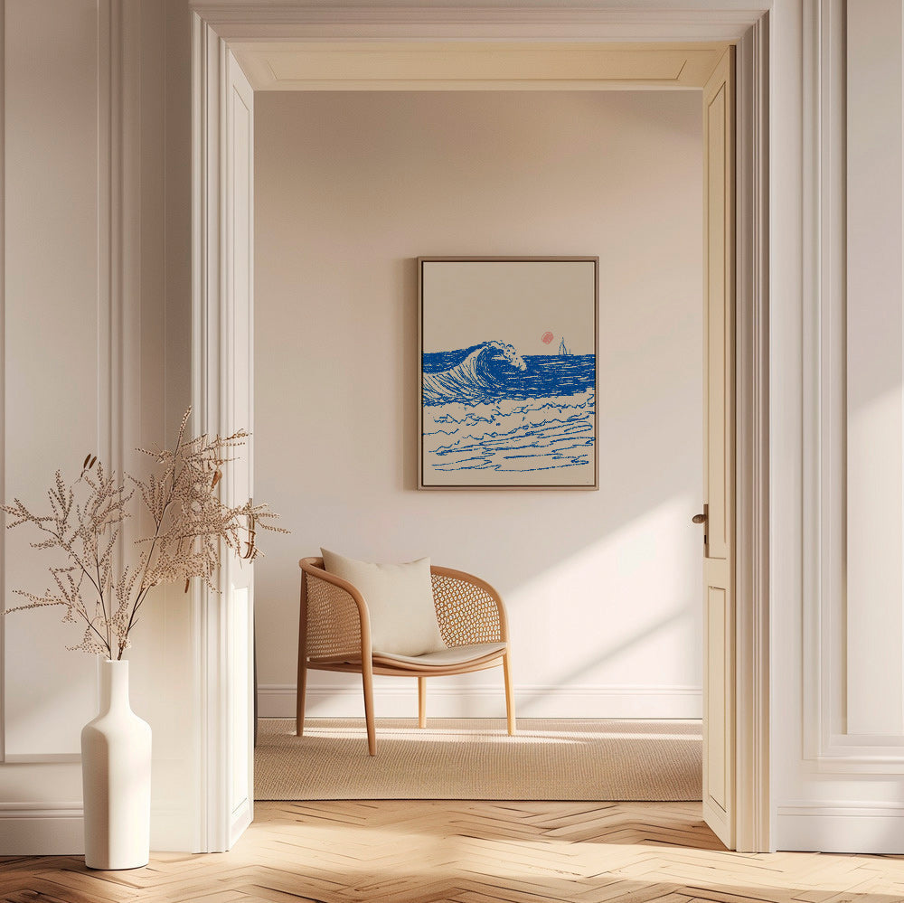 Arte para paisagem com onda esboçada e veleiro