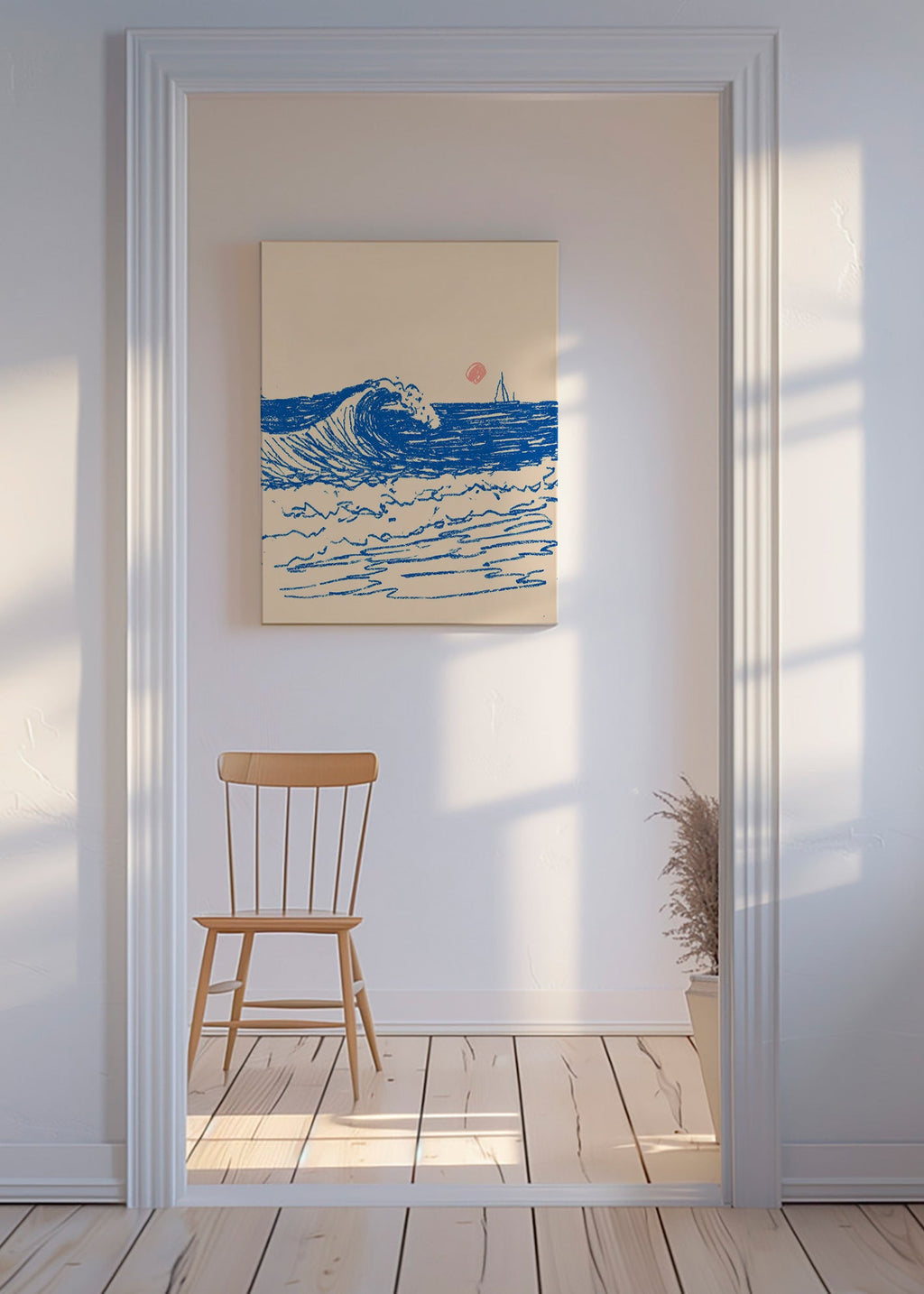 Arte para paisagem com onda esboçada e veleiro