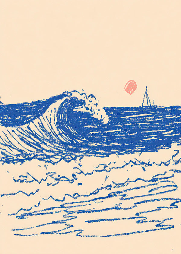 Arte para paisagem com onda esboçada e veleiro