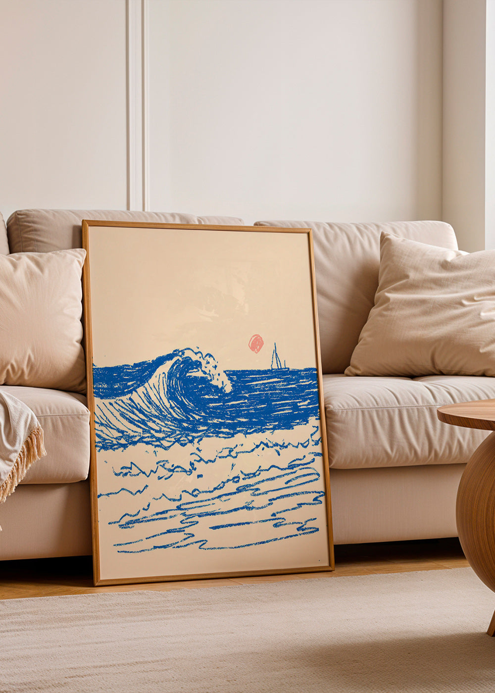 Arte para paisagem com onda esboçada e veleiro