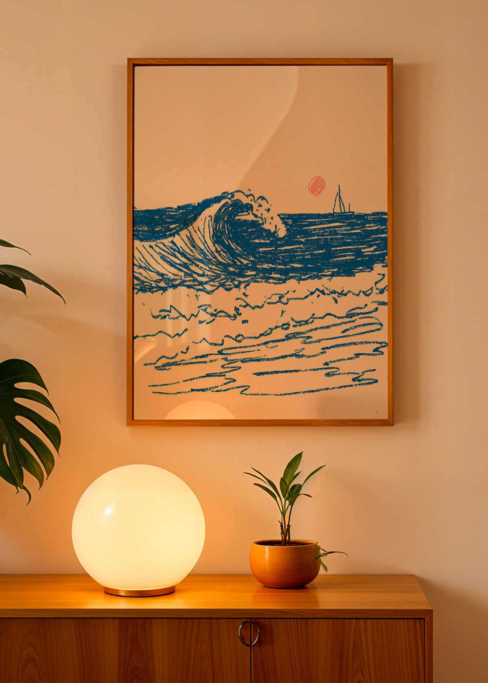 Arte para paisagem com onda esboçada e veleiro