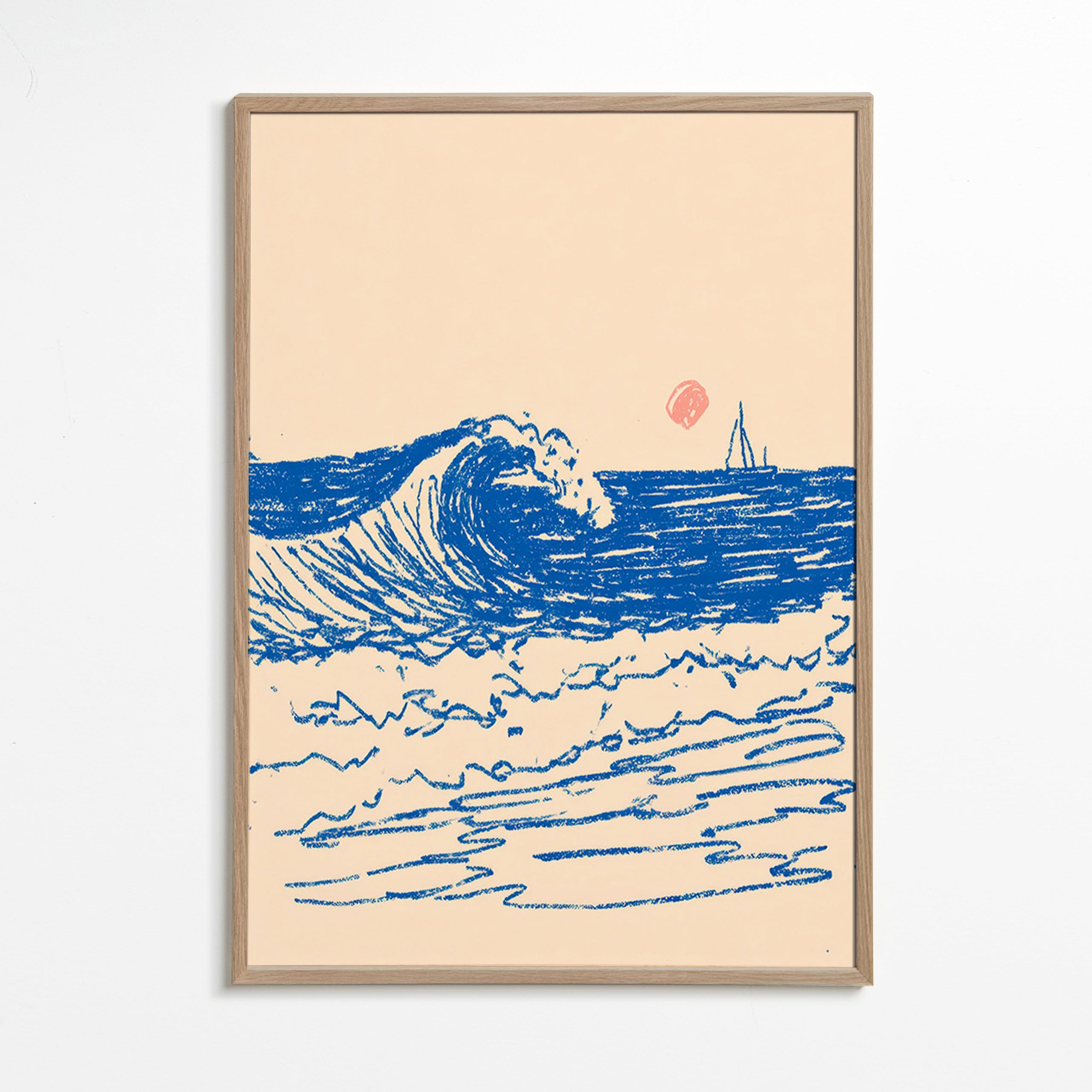 Arte para paisagem com onda esboçada e veleiro