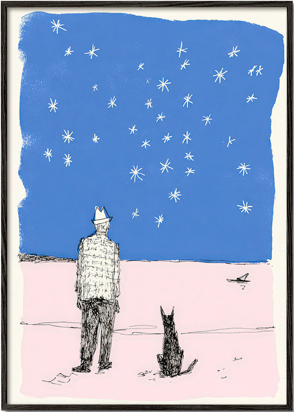 Ilustração: homem e cão sob as estrelas