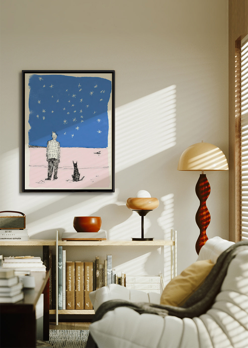 Ilustração: homem e cão sob as estrelas