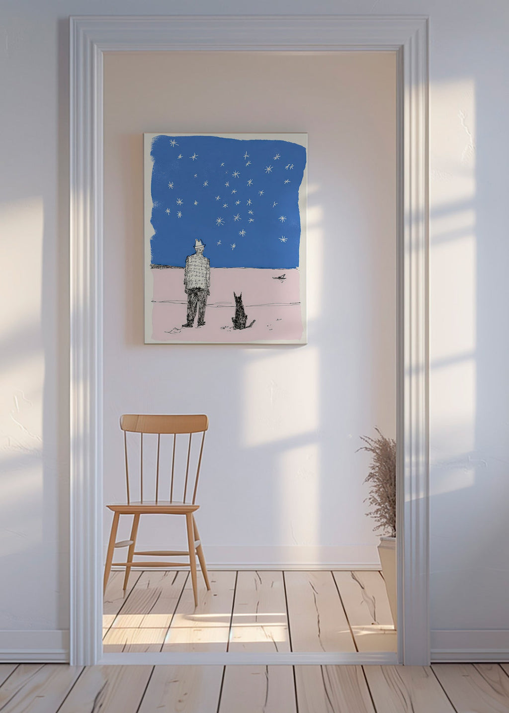 Ilustração: homem e cão sob as estrelas
